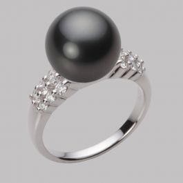 【美品】黒蝶真珠12mm×ダイヤ×Pt900リング 上品エレガント 希少サイズ パールリング 指輪 黒蝶真珠 11mm ダイヤモンド Pt900 14号 中古